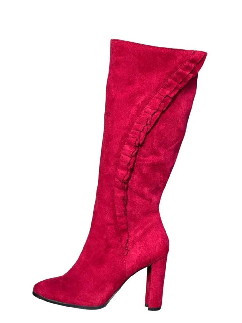 IMPO Ohara Size 8 5 Red Ruffles Knee High Boots Faux Suede Romantic Fall Fashion
